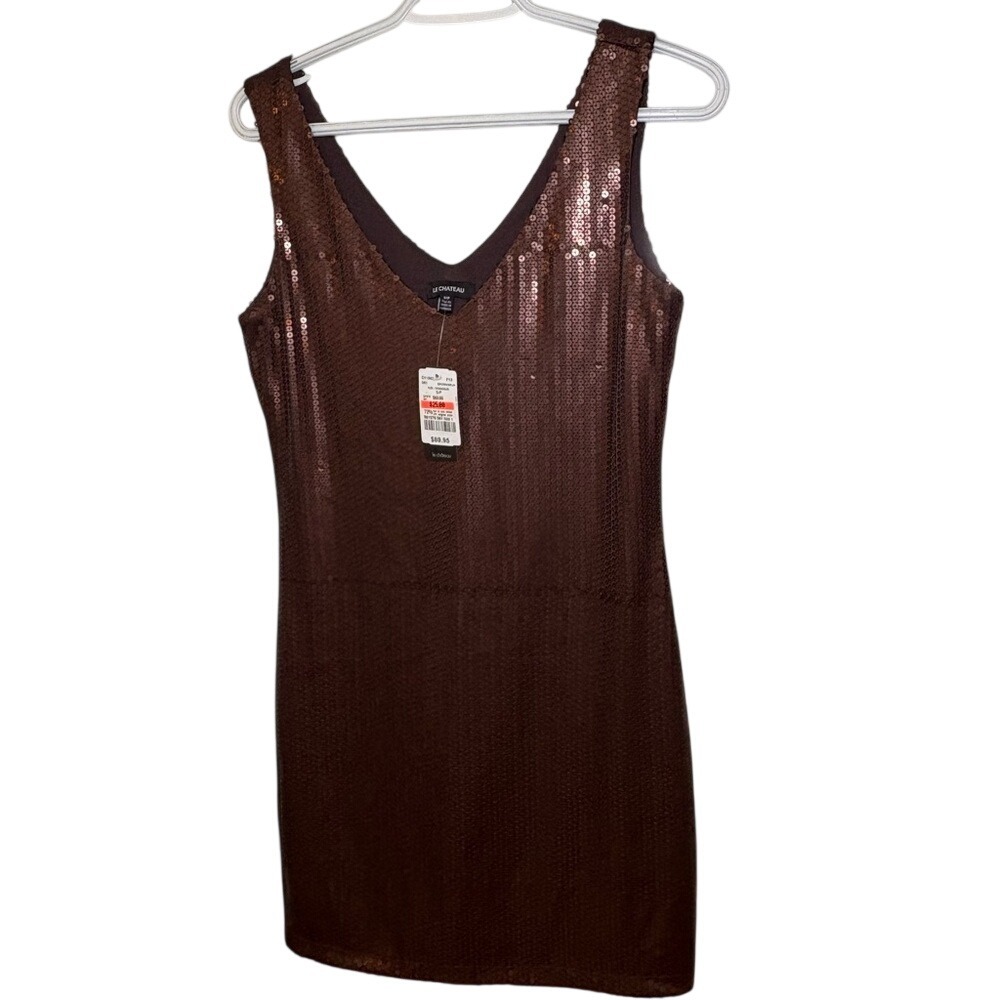 Le Château Chocolate Brown Sequin V-Neck Sleeveless Mini Cocktail Party Dress SP